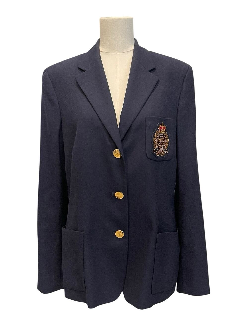 Vintage Ralph Lauren 14 Navy Wool Blazer Crest Gold Buttons Clean & Excellent
